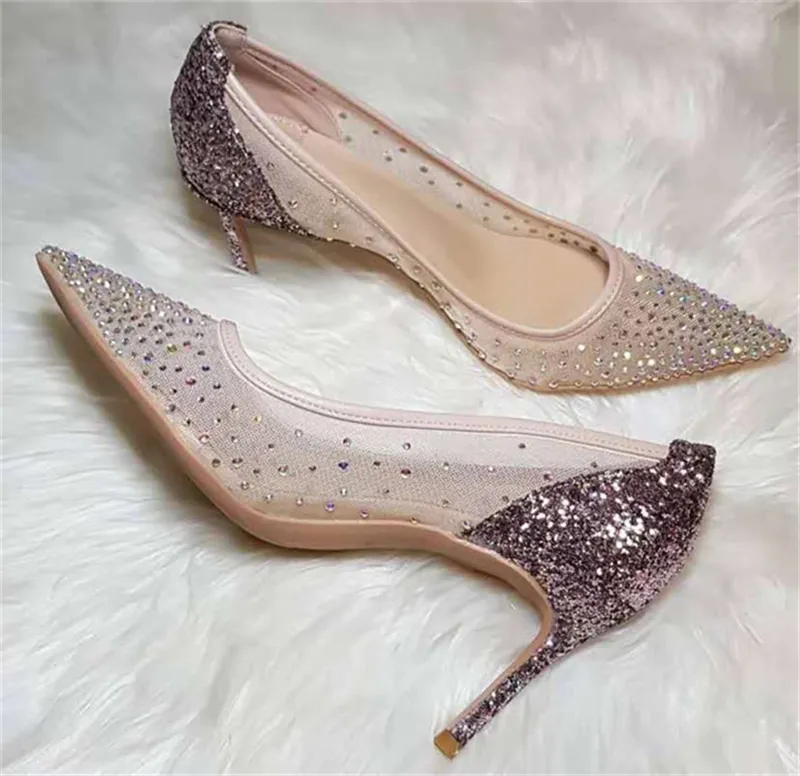 Rhinestone high heels 2024 new transparent mesh yarn shallow mouth pointed wedding party bride bridesmaid high heeled shoes