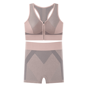 Combinaison de sport de <span class=keywords><strong>yoga</strong></span> élastique, gilet de <span class=keywords><strong>yoga</strong></span> à fermeture éclair avant et ensemble de shorts de <span class=keywords><strong>yoga</strong></span> carrés, vêtements de <span class=keywords><strong>yoga</strong></span> ajustés de couleur élastique élevée et respirante - Product Image 5
