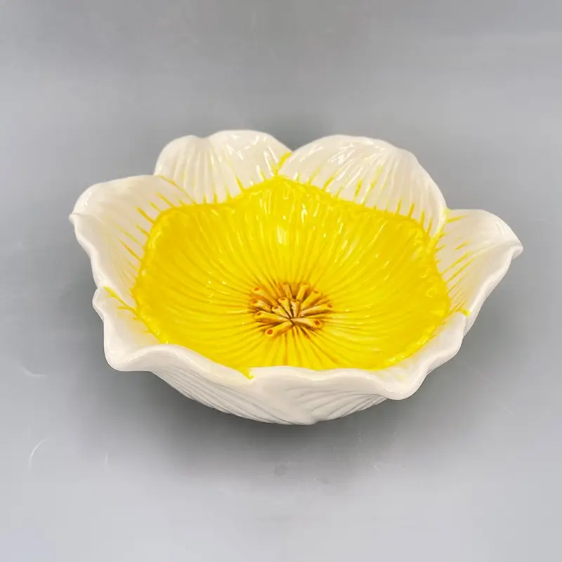 Ceramic White And Yellow Tulip Flower Shaped Vegetable Salad Bowl Soup Bowl Set Ceramic Pasta Bowl