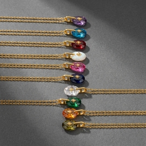 Collana Personalizzata con Pietra Portafortuna dei 12 Mesi, in Acciaio Inossidabile Placcato Oro, con Ciondolo a Stella e Cristallo Ovale, Gioiello Regalo Che Non Si Ossida - Product Image 2