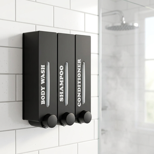Distributeur de savon triple mural, pour gel douche, shampoing, après-shampoing, organisateur de salle de bain, style minimaliste en plastique noir - Product Image 2