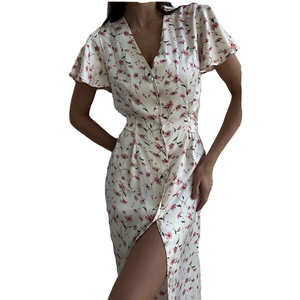 Vestido Midi Floral Casual Elegante de Verano 2024 con Cintura Imperio, Cuello en V, Botones y Cinturón, de Manga Corta Tejida - Product Image 1