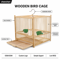 Cage à oiseaux en bois naturel avec perchoir et bols, plateau inférieur amovible, nettoyage facile, cage suspendue au plafond pour petits oiseaux
