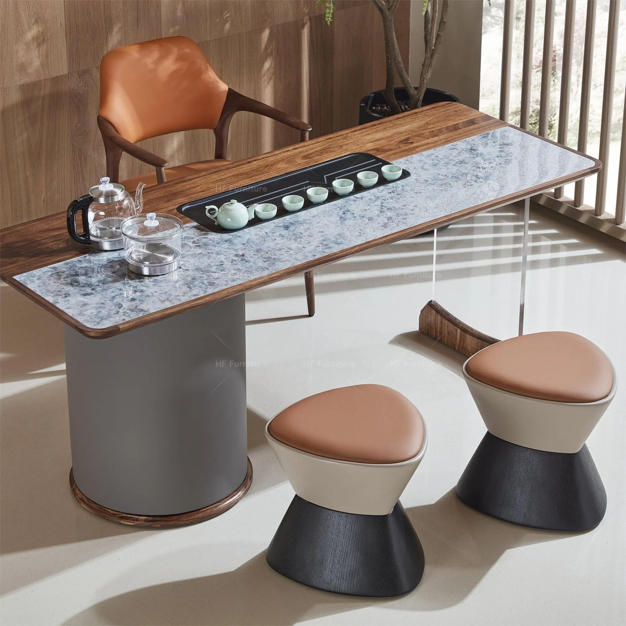 Nuevo diseño, mesa de té personalizada de fábrica de alto grado, acrílico transparente y patas de mesa de centro de cuero