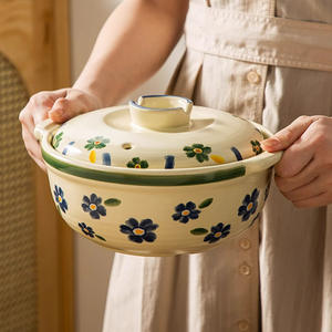 <span class=keywords><strong>Pot</strong></span> à soupe en céramique de style <span class=keywords><strong>japonais</strong></span> peint à la main avec des fleurs de <span class=keywords><strong>cerisier</strong></span> bleues avec couvercle pour cuisinière à gaz - Product Image 3