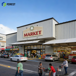 โครงสร้างเหล็กสำเร็จรูปสำหรับอาคารซูเปอร์มาร์เก็ต  ผนังภายนอกแบบหนา  โครงสร้างแบบ Clear Span  ประกอบง่าย  ประหยัดพลังงาน  แข็งแรง - Product Image 1