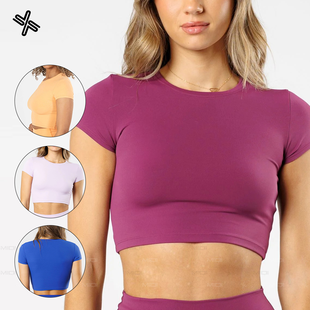 Custom Women's Sport Slim Short Sleeve T-Shirts Gym Workout Quick Dry Yoga Crop Tops
