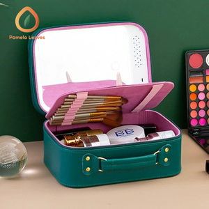 Lavable <span class=keywords><strong>pas</strong></span> <span class=keywords><strong>cher</strong></span> bleu clair bling rose or fermeture éclair cosmétique sac fourre-tout miroir de <span class=keywords><strong>maquillage</strong></span> avec boîte de rangement lumière led - Product Image 1