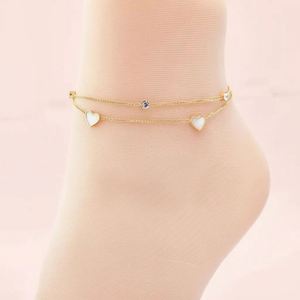 Tobillera de Acero Inoxidable de Doble Capa con Incrustaciones de Diamantes y Concha Blanca, Joyería para Pies que No se Desvanece - Product Image 6