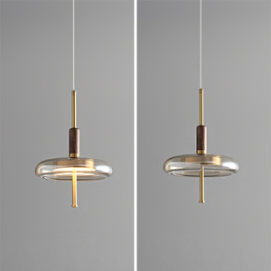 Lampadario Moderno a Sospensione con Dischi di Vetro Lineari, Aste in Tono Noce e Canopia Dorata per Sala da Pranzo, Isola Cucina, Hotel - Product Image 2