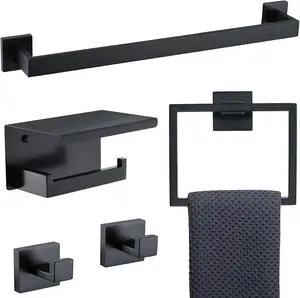 Toalha preta Bar Set 5-Piece Banheiro Hardware Set Toalha Cabides 304 Aço Inoxidável Banheiro Acessórios Set