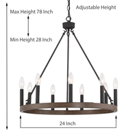 Lámpara de araña de 9 luces para comedor, de acero, regulable, estilo rústico antiguo, con forma de rueda de carro, para comedor de granja, E12, tipo candelabro, proyecto OEM