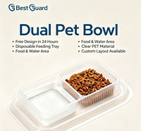 Bol pour chat jetable à double compartiment personnalisé en blister, plateau transparent en PET pour nourriture et eau, emballage de vente au détail intégré