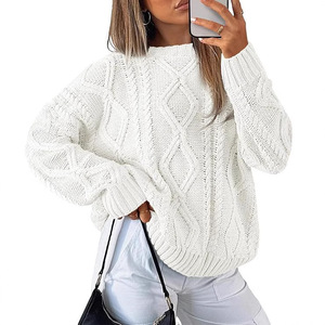 Suéter Casual <span class=keywords><strong>de</strong></span> <span class=keywords><strong>Punto</strong></span> para <span class=keywords><strong>Mujer</strong></span>, Estilo Europeo Americano, Color Sólido, Holgado, Cuello Redondo, Tejido <span class=keywords><strong>de</strong></span> Cable - Product Image 3