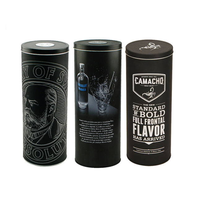 Nice-can Custom Alcohol Tin Packaging Black Decorative Gift Metal Container Round Bottle Tin Can Alcohol Wine Tin