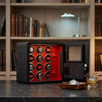 Boîte à remontoir automatique pour 12 montres, motif diamant noir, en cuir PU, intérieur en velours rouge, avec miroir et coffre-fort sécurisé