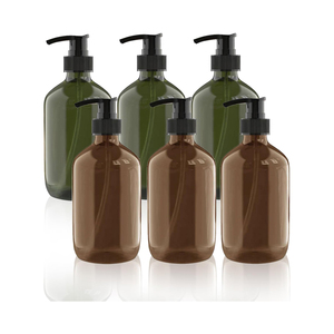 Bouteille pompe pulvérisateur en PET ambré ou vert personnalisée de 100 ml, 200 ml, 300 ml, 400 ml, 500 ml pour shampoing, lotion, huile capillaire avec impression sérigraphique - Product Image 1