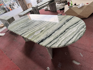 Estilo lujoso Comedor Muebles de mármol Shangri <span class=keywords><strong>La</strong></span> Jade Mesa de comedor ovalada de mármol con 2 bases - Product Image 5