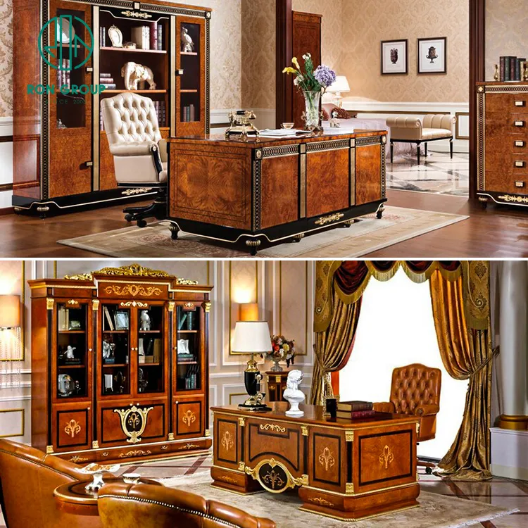 Modern China Style Luxury Administrative Executive Chair Desk Table Solid Wood Office Furniture Set With Bookcase Storage