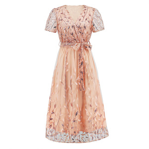 <span class=keywords><strong>Abiti</strong></span> da donna con scollo a v e paillettes a maniche corte cintura da donna ricamata in garza luminosa vestiti <span class=keywords><strong>estivi</strong></span> Midi abito lungo Casual da festa - Product Image 6