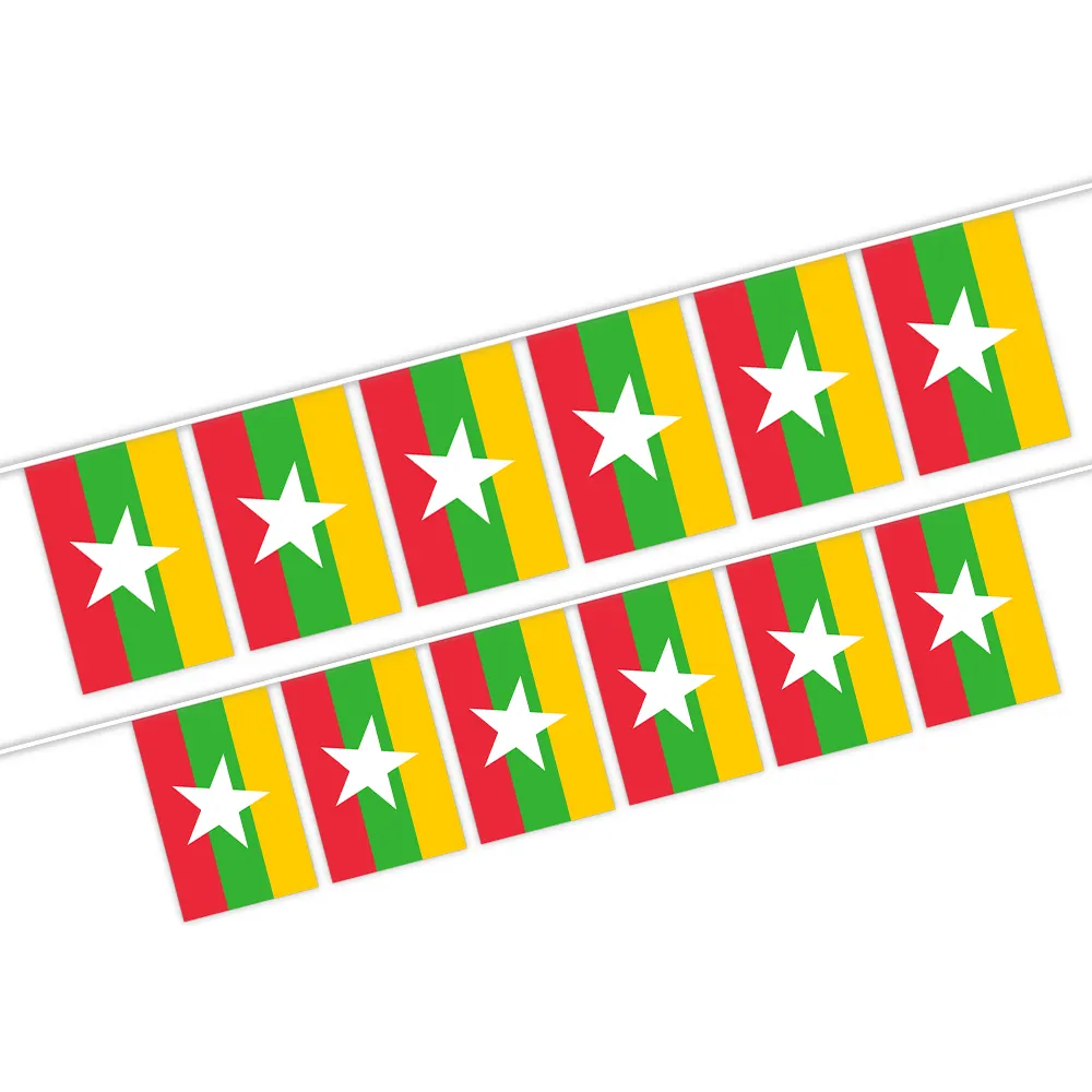 Fabricante al por mayor de banderines de bandera de Myanmar con tamaño y patrón personalizados para decoraciones