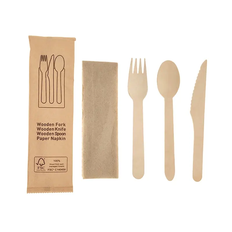 Custom Made Portable Outdoor Travel Flatware Disposable Biodegradable Wooden Knife Fork Spoon Cutlery Set