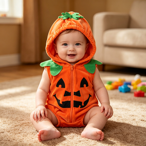 Vêtements pour bébés nouveau-nés, combinaison à thème citrouille orange, sans manches, à capuche avec accents de feuilles, vêtements pour nouveau-nés, festival d'automne - Product Image 2