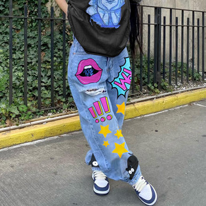 Pantalones Vaqueros Estampados Casuales de Estilo Explosivo <span class=keywords><strong>para</strong></span> <span class=keywords><strong>Mujer</strong></span>, <span class=keywords><strong>Ropa</strong></span> Transfronteriza con Estampado de Cara Sonriente, Piernas <span class=keywords><strong>Anchas</strong></span>, Holgados, Talla Grande - Product Image 3