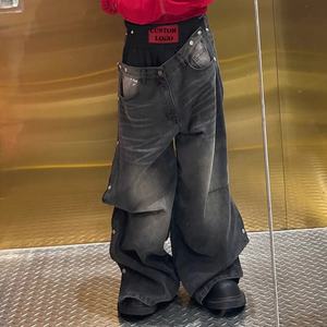 Jean baggy noir délavé personnalisé et détachable, taille haute, double ceinture, style boxe, streetwear, coupe ample - Product Image 3