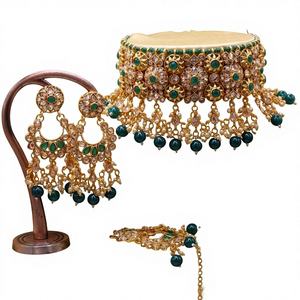 Green Choker Necklace <b>Set</b> SFNECK45 Gold-Plated with American Diamond Beads & Pearl <b>Fine</b> <b>Jewelry</b> - Product Image 3