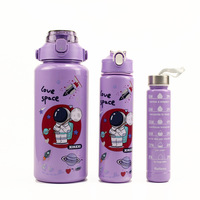 Juego de 3 Botellas de Agua Desechables con Pajita, 2000+750+300ml, Gran Capacidad, Deportivas, Antiderrames, de Plástico, para Gimnasio y Aire Libre
