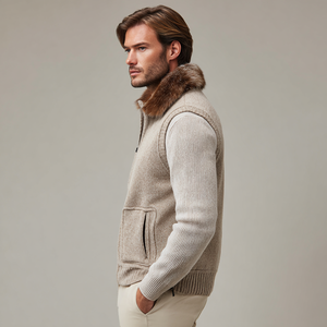 Wholesale Men's Woolen Tweed Knit Vest in <strong>Navy</strong> Marl V-neck Sleeveless Cardigan <strong>Gilet</strong> for Casual Autumn Outerwear - Product Image 5
