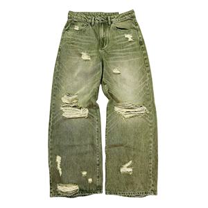 Celana Jeans Denim Distressed Model Straight Leg, Kancing Dua Lubang, Bahan Katun 100% Non-Stretch Warna Hijau Lumut, Berat 14 Ons, Pabrik Pakaian - Product Image 1