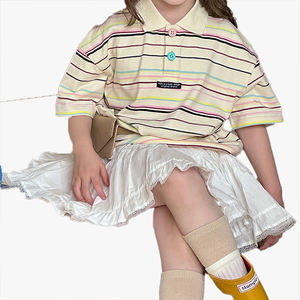 เสื้อยืดลำลองสไตล์เกาหลีสำหรับเด็กผู้หญิงแขนสั้นหลวมๆลายทางสีสันสดใสเสื้อโปโลแฟชั่น - Product Image 6