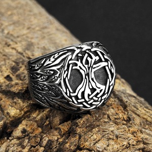 Bague en acier inoxydable pour hommes, design arbre de vie Viking, style Hip Hop, bijoux cadeau, motif végétal rond, forme géométrique - Product Image 1