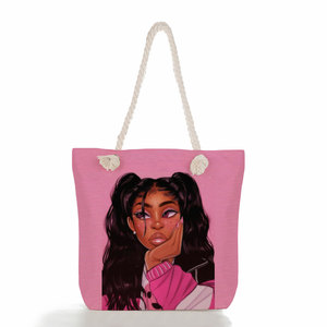 Sac de plage en corde personnalisé noir pour filles, imprimé, écologique, réutilisable, mignon, tendance, pour femme, sac de courses portable, vente en gros - Product Image 1