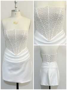Nuovo Arrivo Abito Mini <span class=keywords><strong>da</strong></span> Sposa/<span class=keywords><strong>Festa</strong></span> Bianco Antistatico a Trapezio con Perline Scintillanti e Strass, Vestibilità Slim, Senza Spalline - Product Image 3
