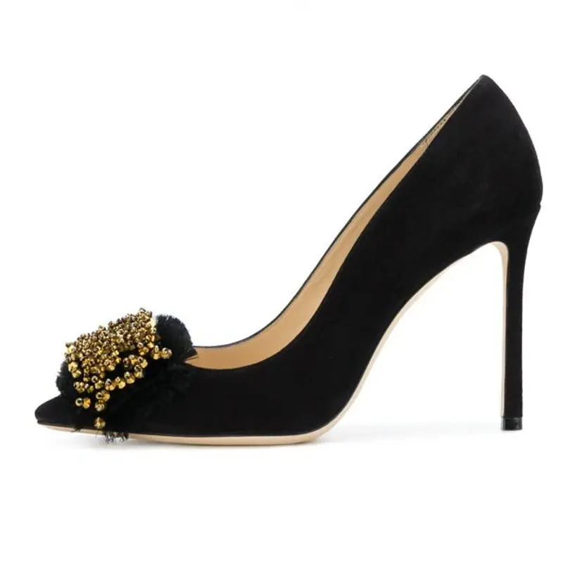 New Chic String Bead High Heel Shoes Woman Stiletto Heel Pointed Toe Shallow Shoes Black Suede Beading Tassels Women Pumps