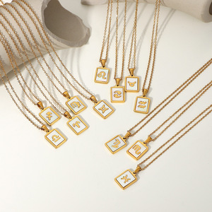 Collier de coquillage rectangulaire plaqué or IP 18k en acier inoxydable, 12 Constellations astrologiques, signe du zodiaque, collier de coquillage - Product Image 1