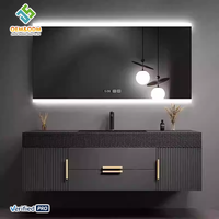 OEM Juerte Meuble-lavabo mural moderne en bois massif avec double vasque en cuivre, miroir de maquillage, robinet et armoire LED pour salle de bain, Stock entrepôt