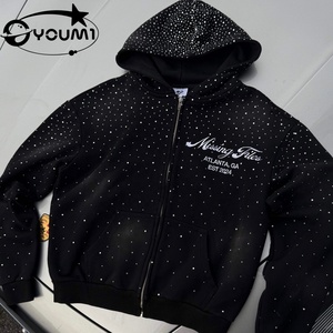 Sudadera con Capucha Personalizada YOUMI para Hombre, 100% Algodón, 500 g/m², Efecto Desgastado por el Sol, Cierre de Cremallera, Bordado con Pedrería, Estilo Urbano, Oversize, Vintage, Y2K - Product Image 3