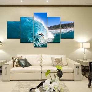 Thể Thao Surf Canvas Tranh Modular Mural Art Khung Trang Trí Nội Thất 5 Tấm Kính Màu Xanh Sóng Biển Xem Ảnh Hiện Đại HD In