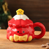 Mug de Noël avec couvercle, en céramique, en forme de sapin de Noël, avec un visage d'elfe mignon, mug à café 420 ml, vaisselle de Noël, rouge et vert, sans danger pour les aliments