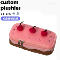Trousse à crayons en peluche personnalisée OEM en forme de gâteau aux cerises rose et marron, sac de papeterie en forme de dessert pour fournitures en gros