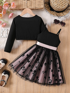 Trẻ Em Bé Gái 2 Bộ Trang Phục Dài Tay Crop Cardigan Spaghetti Dây Hoa Voan Bộ Nơ Eo Trẻ Em Đầm Dự Tiệc - Product Image 5