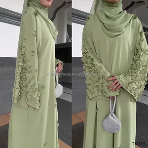 Habib Modest Dos piezas Plain Abaya Venta al por mayor Flor Manga Abaya Vestido Conjunto Ropa Islámica - Product Image 2