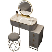 Ensemble de coiffeuse de luxe avec miroir rond éclairé, bureau de maquillage moderne avec armoire de rangement latérale et tabouret