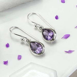 Orecchini Pendenti in Argento Tibetano con Gemma Viola a Goccia, Montatura a Castone, Gioielli da Donna alla Moda, Idea Regalo - Product Image 1