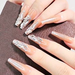<span class=keywords><strong>Faux</strong></span> <span class=keywords><strong>ongles</strong></span> longs cercueil de haute qualité faits à la main strass paillettes avec colle conception personnalisée 3d gemme bâton sur les <span class=keywords><strong>ongles</strong></span> - Product Image 4