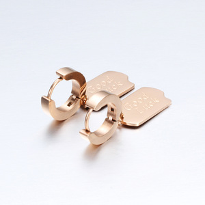 Pendientes de aro de oro rosa con etiqueta de buena suerte, pendientes colgantes para mujer, joyería de moda de acero inoxidable, regalo - Product Image 3